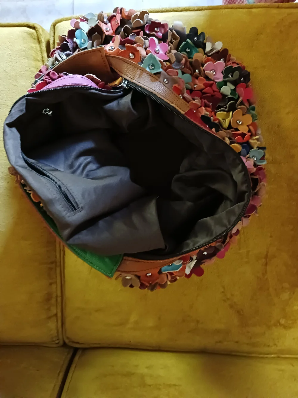 Vintage Multicolor Floral Appliqué Hobo Bag with Green Strap